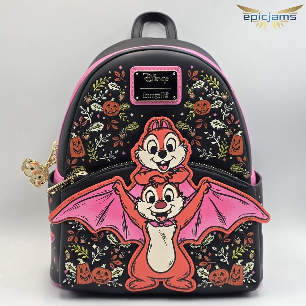 Loungefly Disney Chip & Dale Bat Pumpkin Halloween Floral Mini Backpack New
